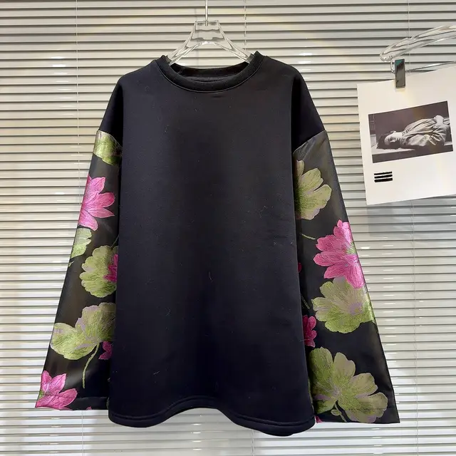 Women's Retro Ethnic Style Satin Embroidered Flower Sleeve Sweater Top Black - Shop at LoveMi