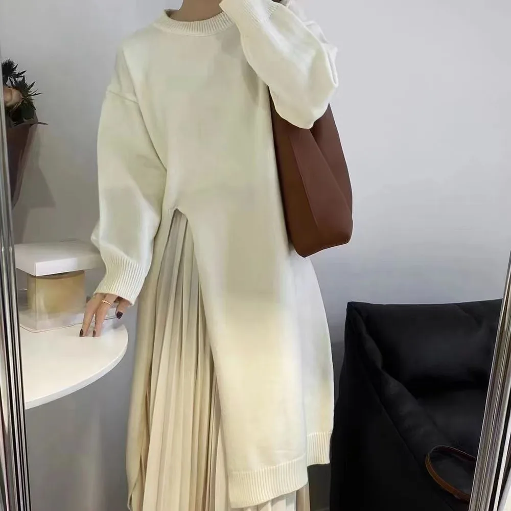 Autumn And Winter Loose Side Slit Long Knitted Sweater Dress White - Shop at LoveMi