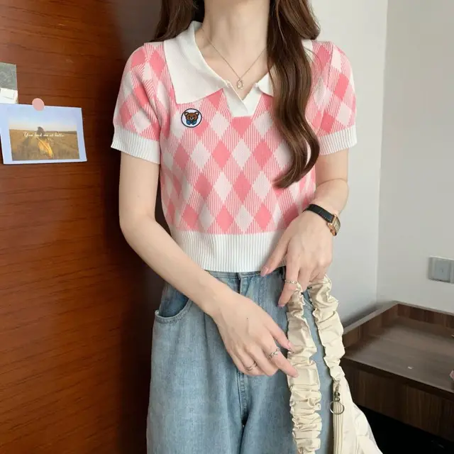 Polo Collar Ice Silk Knitted Short Sleeve T shirt Pink - Shop at LoveMi