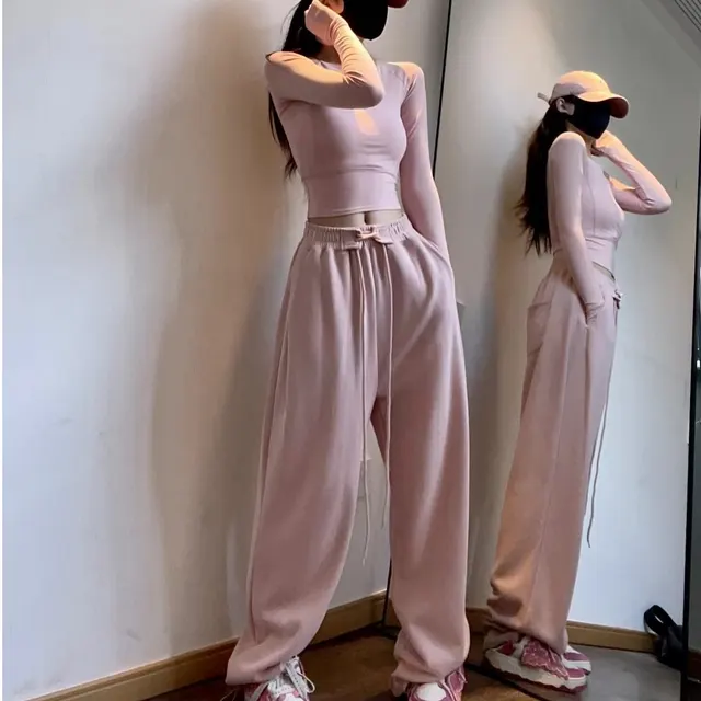 Sports Pants Female High Waist Drawstring Sweatpants Slim Casual Wide Leg Dancing Long Pink - Shop at LoveMi
