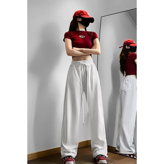 Sports Pants Female High Waist Drawstring Sweatpants Slim Casual Wide Leg Dancing Long White - Shop at LoveMi