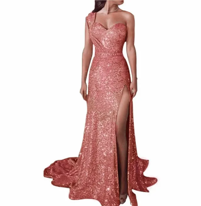 Women's Clothing One shoulder Sleeveless Bronzing Split Dress Pink - Shop at LoveMi