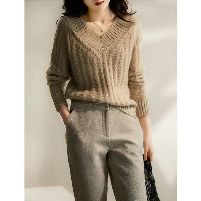Soft Glutinous Twist Autumn And Winter Lazy Style Loose V neck Sweater Khaki - Shop at LoveMi
