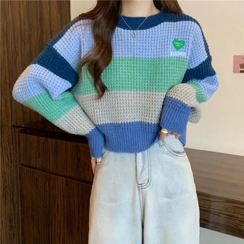 Loose Color Matching Knitwear Pullover Stripe Rainbow Sweater For Women Blue - Shop at LoveMi