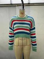 Loose Leisure Short Contrast Color Striped Sweater Top - Green