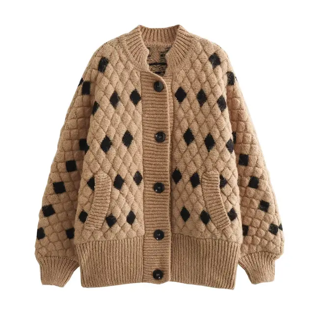 Fashion Diamond Lattice Long Sleeve Knitted Double Breasted Cardigan - Shop at LoveMi