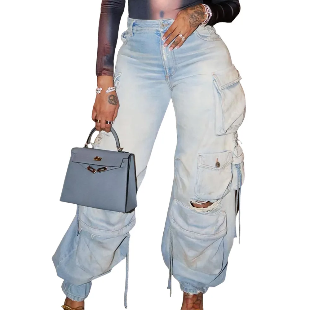 Retro Casual Denim Stereo Multi pocket Trousers Light Blue - Shop at LoveMi