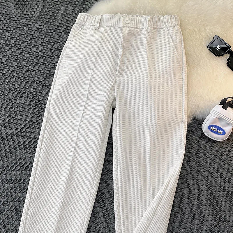 Waffle Casual Suit Pants Slim Fit Straight Leg Pants White - Shop at LoveMi