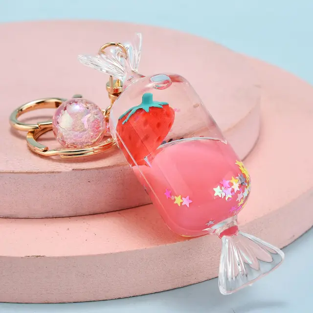 Quicksand Oil Five pointed Star Strawberry Key Chain Floating Acrylic Candy - Shop at LoveMi