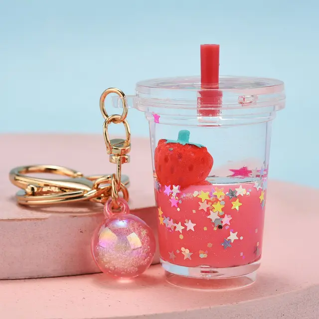 Quicksand Oil Five pointed Star Strawberry Key Chain Floating Acrylic Milky Tea Cup - Shop at LoveMi