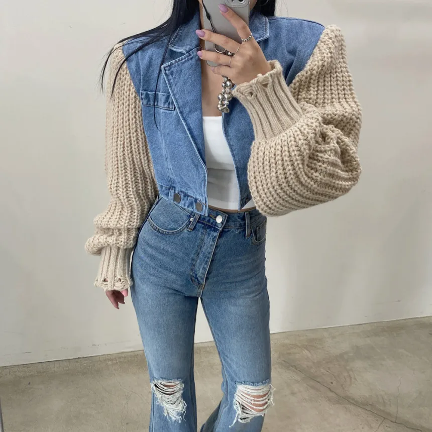 Women's Autumn Retro Minority Patchwork Knitting Denim Coat Blue - Shop at LoveMi