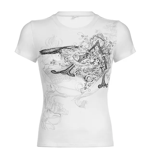Retro Printed Slim fit Short sleeved T shirt Women's Top White - Shop at LoveMi