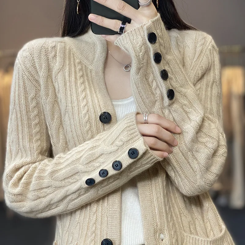 Pure Wool Cardigan Women's Stand Collar Outer Sweater Loose Knitted Coat Light Camel - Shop at LoveMi