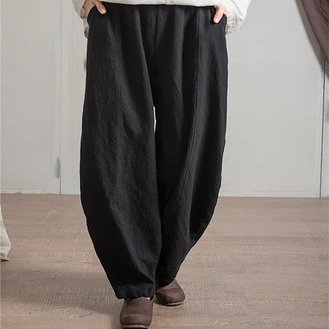 Women's Simple Casual Cotton Linen Harem Wide leg Trousers Elastic Waist Pants Black - Shop at LoveMi