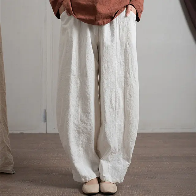 Women's Simple Casual Cotton Linen Harem Wide leg Trousers Elastic Waist Pants White - Shop at LoveMi