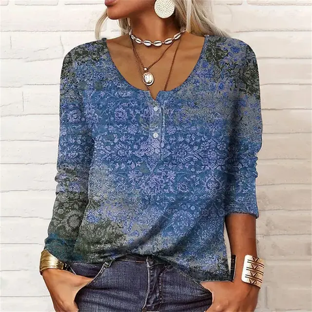 Loose Long sleeved Geometric Floral U neck Button T shirt Blue - Shop at LoveMi