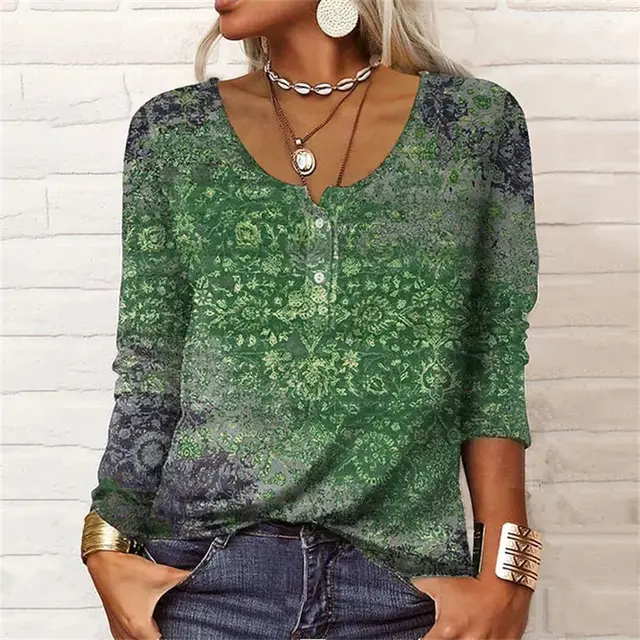 Loose Long sleeved Geometric Floral U neck Button T shirt Green - Shop at LoveMi