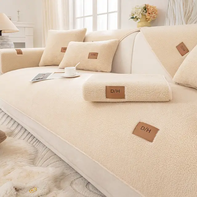 Lambswool Thickened Fleece Cushion Non slip Leather Sofa Cover Lambswool Beige - Shop at LoveMi
