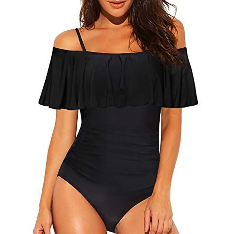 One piece Cut out Ruffled Strap Tube Top Swimsuit Black - Shop at LoveMi