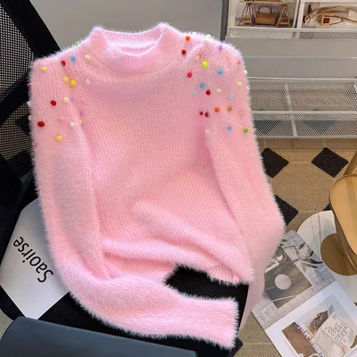 Women's Mink Fur Bead Long Sleeve Thick Short Sweater Pink - Shop at LoveMi