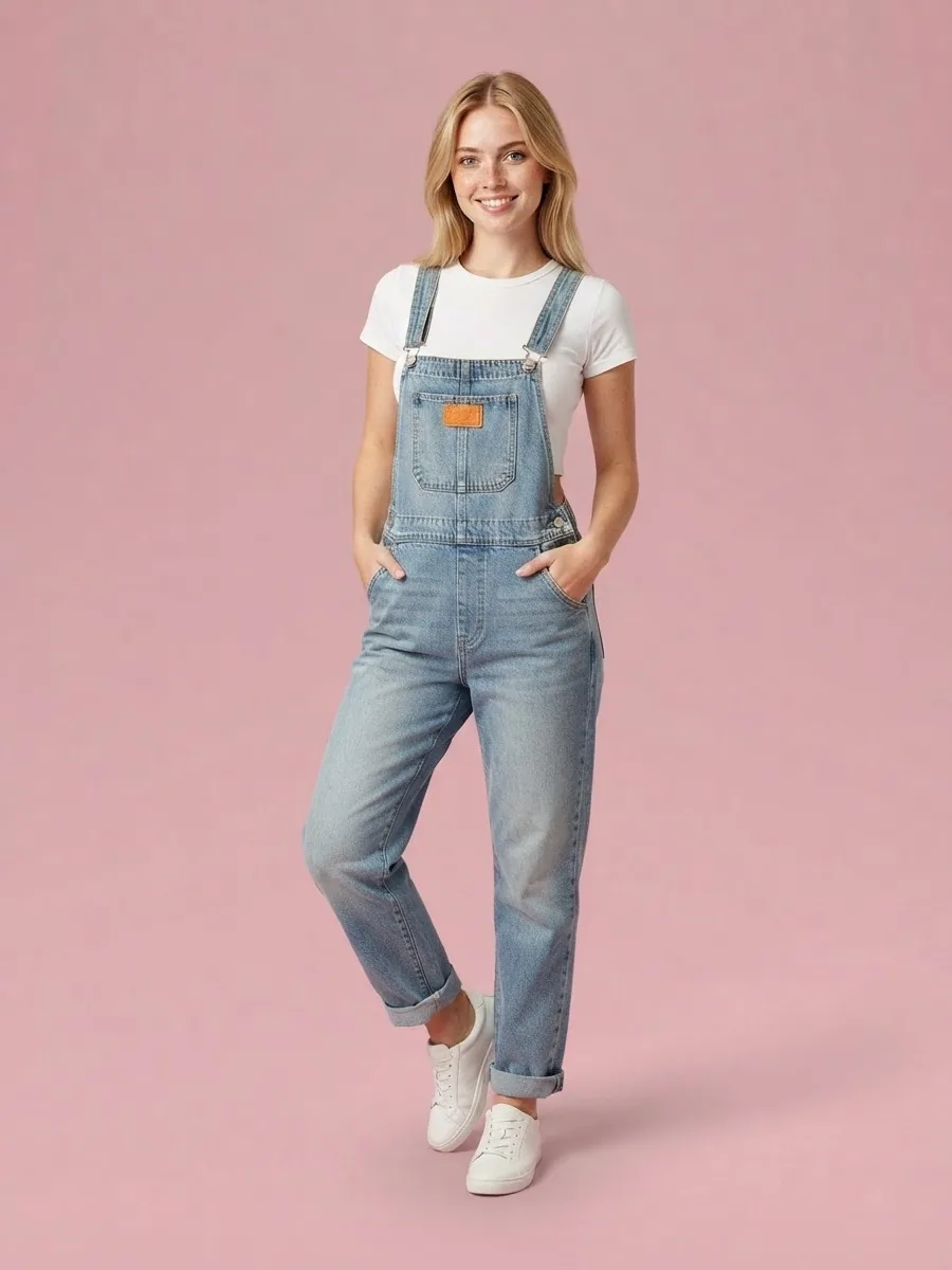 Light Wash Straight-Leg Denim Overalls for Women - Blue