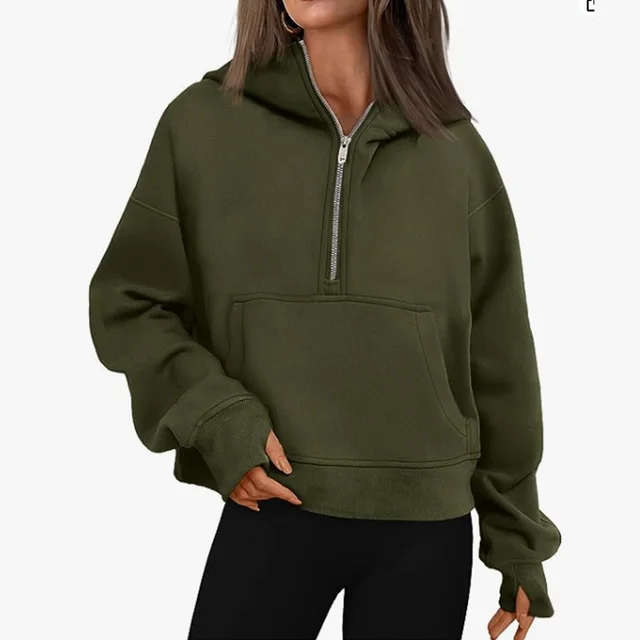 Autumn And Winter Zipper Long Sleeve Loose Hooded Sweater Army Green - Shop at LoveMi