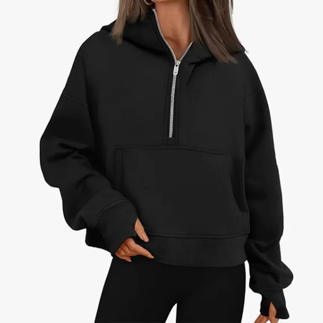 Autumn And Winter Zipper Long Sleeve Loose Hooded Sweater Black - Shop at LoveMi