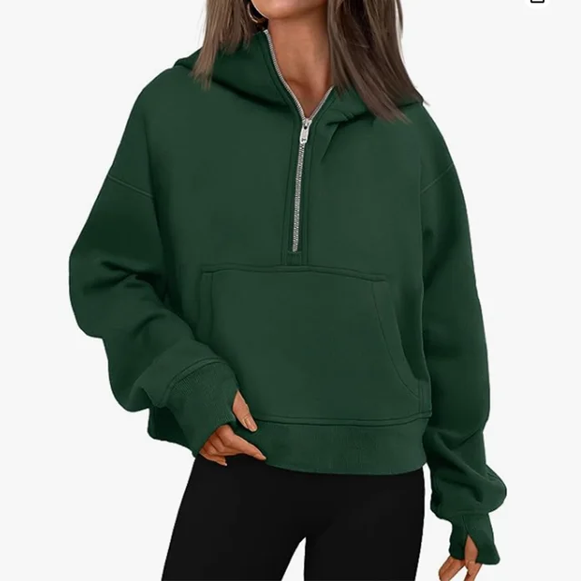 Autumn And Winter Zipper Long Sleeve Loose Hooded Sweater Green - Shop at LoveMi