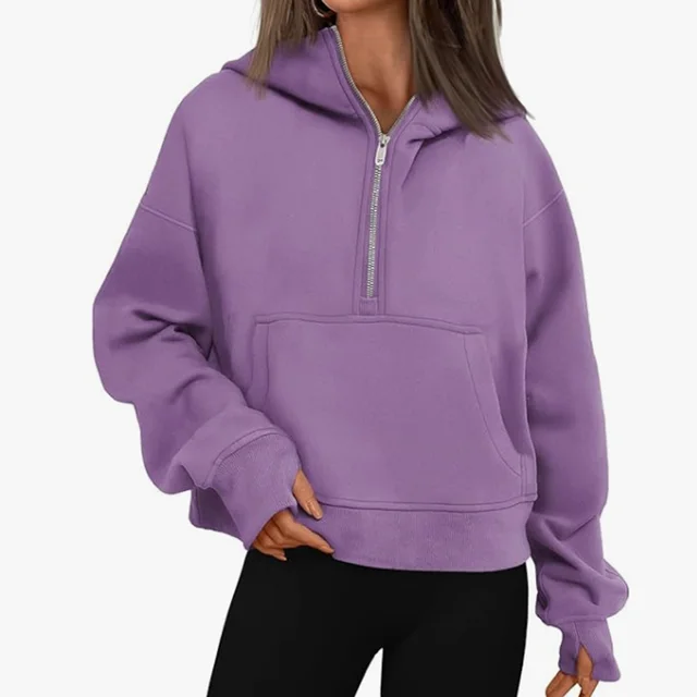 Autumn And Winter Zipper Long Sleeve Loose Hooded Sweater Purple - Shop at LoveMi