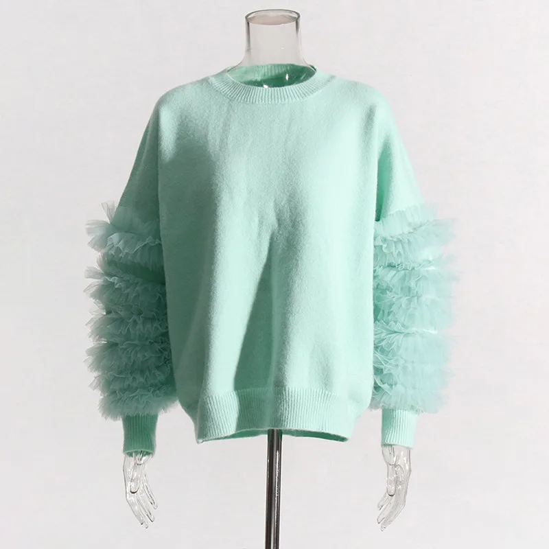 Fashion Stitching Mesh Cuff Crew Neck Casual Style Loose Sweater Lake Blue - Shop at LoveMi