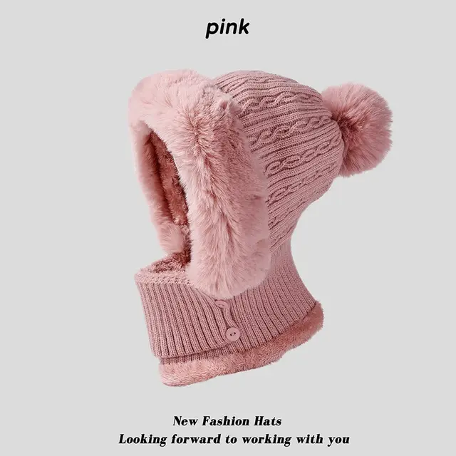 Twist Stripes Knitted Hat Scarf One piece Fleece lined Kit Pink - Shop at LoveMi