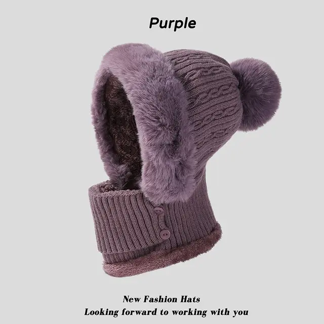 Twist Stripes Knitted Hat Scarf One piece Fleece lined Kit Purple - Shop at LoveMi