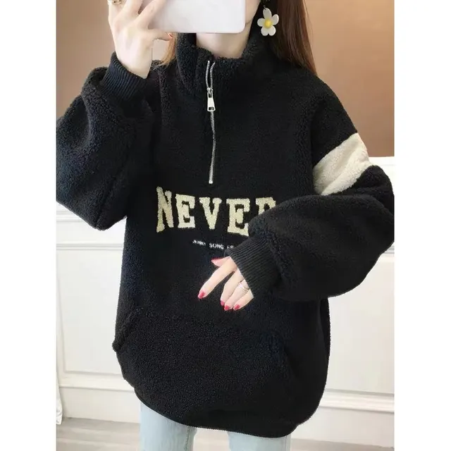 Women's Winter Thickened Velvet Padded letter Sweater Black - Shop at LoveMi