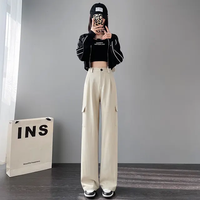 Overalls Women's High Waist Trousers Women's Straight Casual Wide Leg Pants Women Apricot - Shop at LoveMi