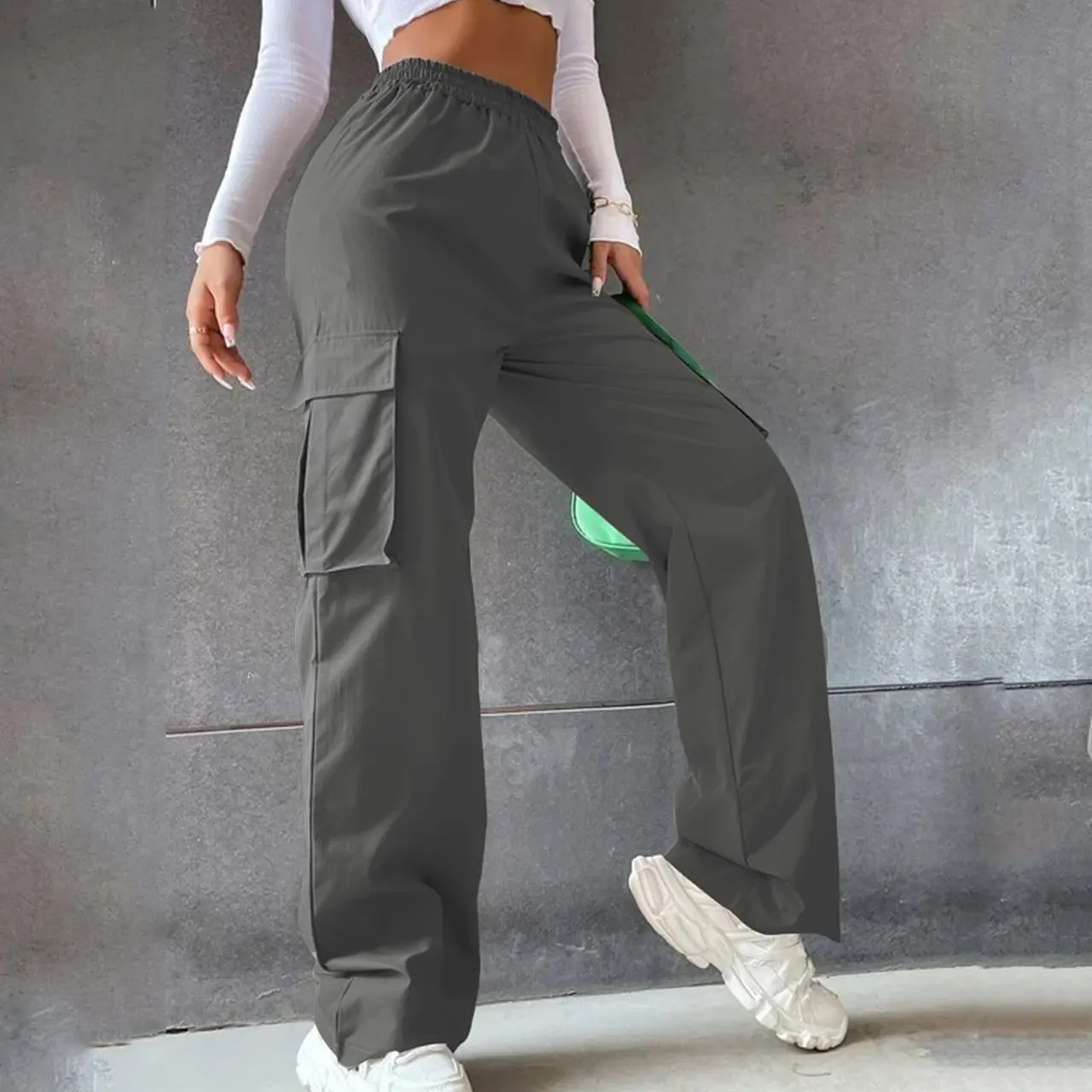 No Belt Pants High Waist Season Wide Leg Pants Straight Loose Temperament Commuter Pants - Dark Gray