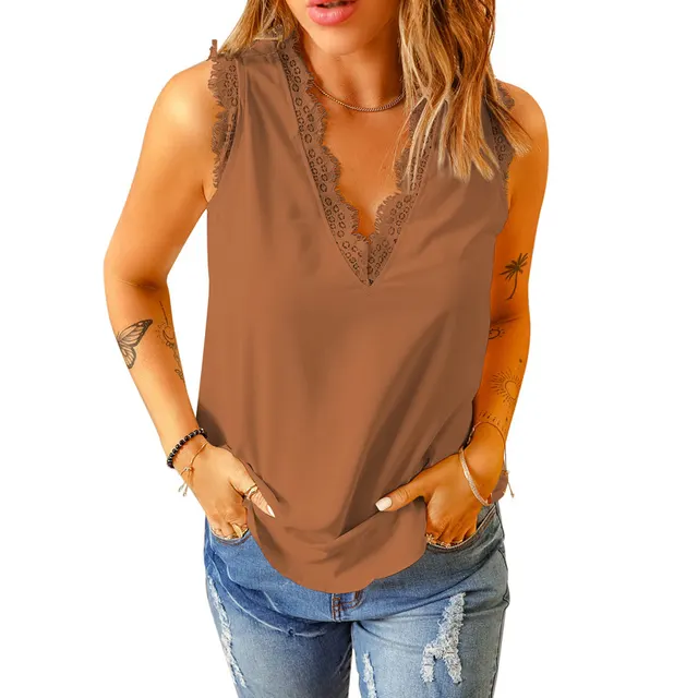 Bottoming Vest T shirt Women's Summer European And American V neck Lace Sleeveless Loose Top 253064 Lc253064 Orange - Shop at LoveMi