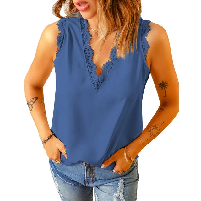 Bottoming Vest T shirt Women's Summer European And American V neck Lace Sleeveless Loose Top 253064 Lc253064 Royal Blue - Shop at LoveMi