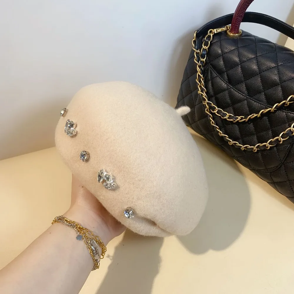 Women's Autumn And Winter British Rhinestone Wool Beret - Beige