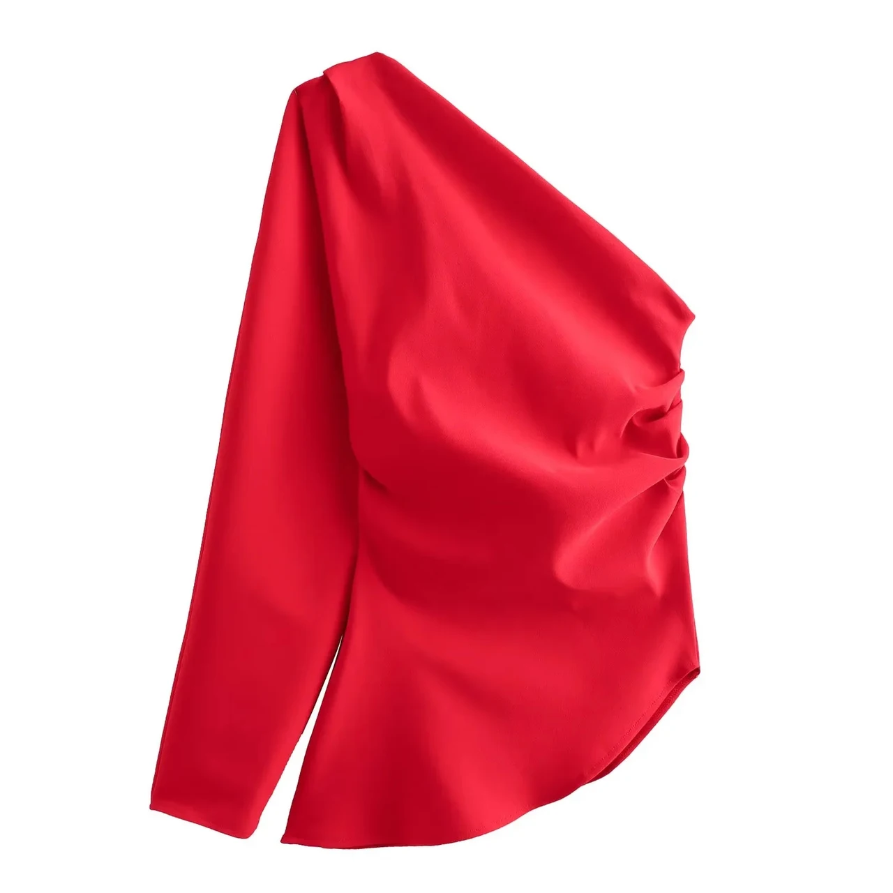 French-style One-shoulder Pleated Decorative Asymmetric Top - Red