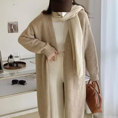 Women's Solid Color Autumn Mid length Knitted Cardigan Sweater Coat Top Apricot - Shop at LoveMi