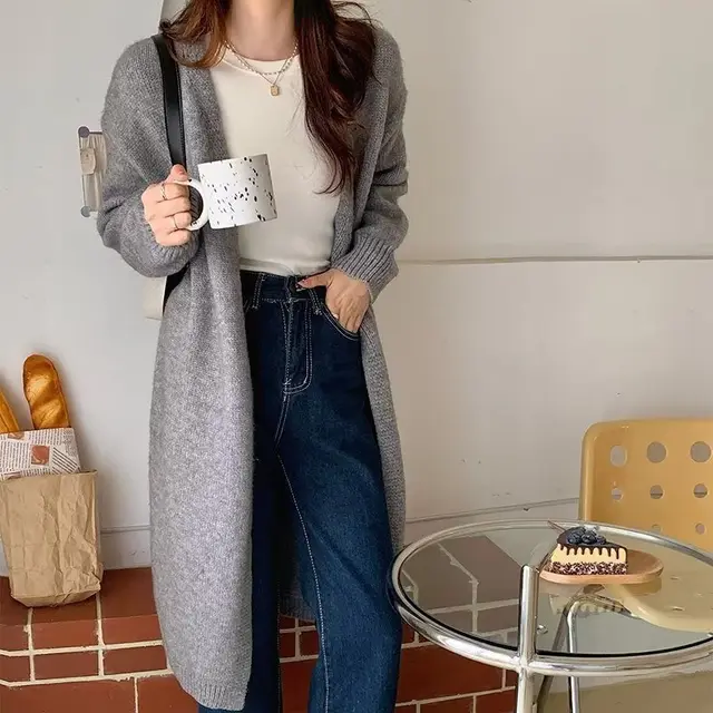 Women's Solid Color Autumn Mid length Knitted Cardigan Sweater Coat Top Gray - Shop at LoveMi