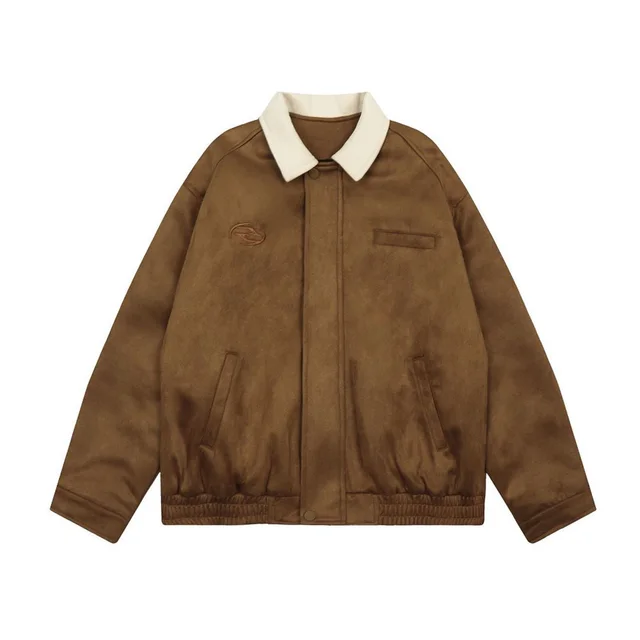 Color Contrast Patchwork Lapel Loose Baseball Cotton padded Coat Brown - Shop at LoveMi