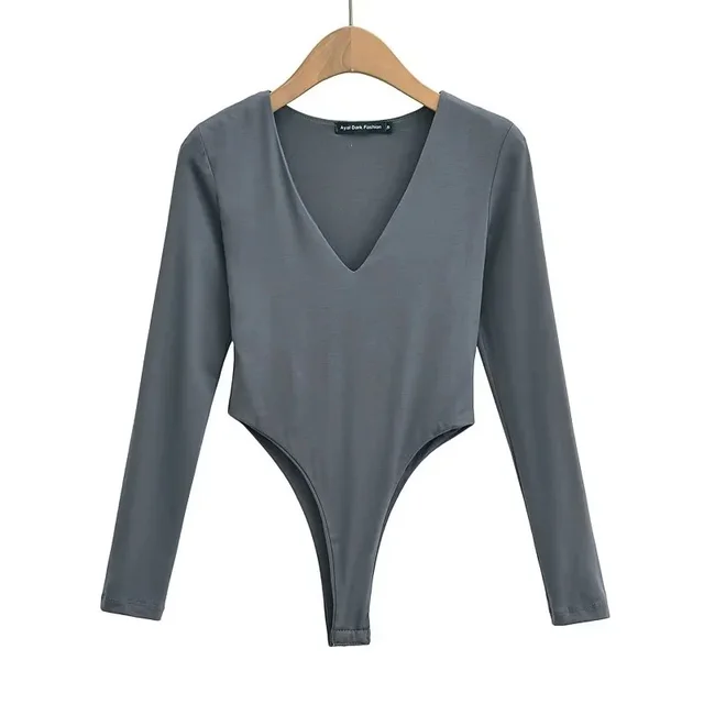 Double layer Tight Deep V neck Long Sleeve Jumpsuit Women Charcoal Gray - Shop at LoveMi
