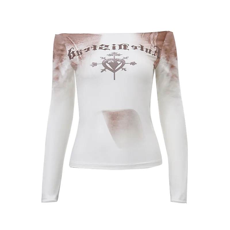 Women's Fashion Letter Vintage Print Slim T shirt Top Apricot - Shop at LoveMi
