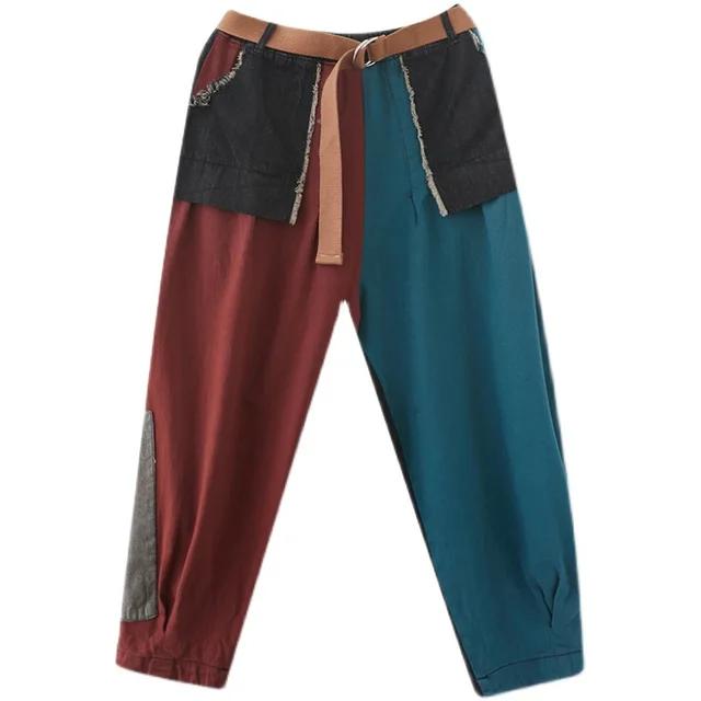 Personality Contrast Color Stitching Denim Trousers For Women Picture Color - Shop at LoveMi