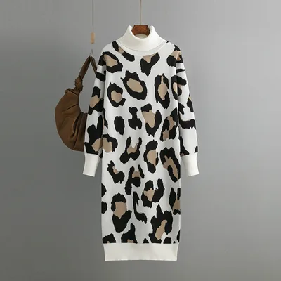 Women's Dress Fashionable Leopard Print Turtleneck Base Knitted Long Dress Black - Shop at LoveMi