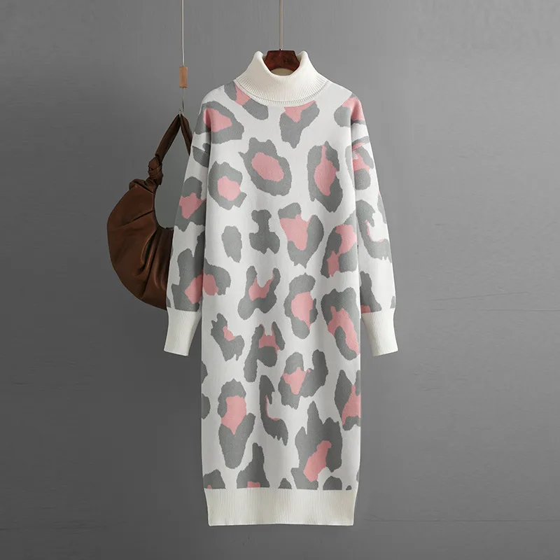 Women's Dress Fashionable Leopard Print Turtleneck Base Knitted Long Dress Gray - Shop at LoveMi