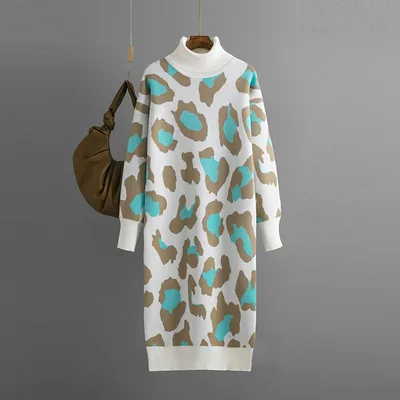 Women's Dress Fashionable Leopard Print Turtleneck Base Knitted Long Dress Lake Blue - Shop at LoveMi