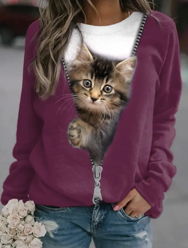 Women's Cat Basic Printed Round Neck Regular Pullover Picture Color 2 - Shop at LoveMi