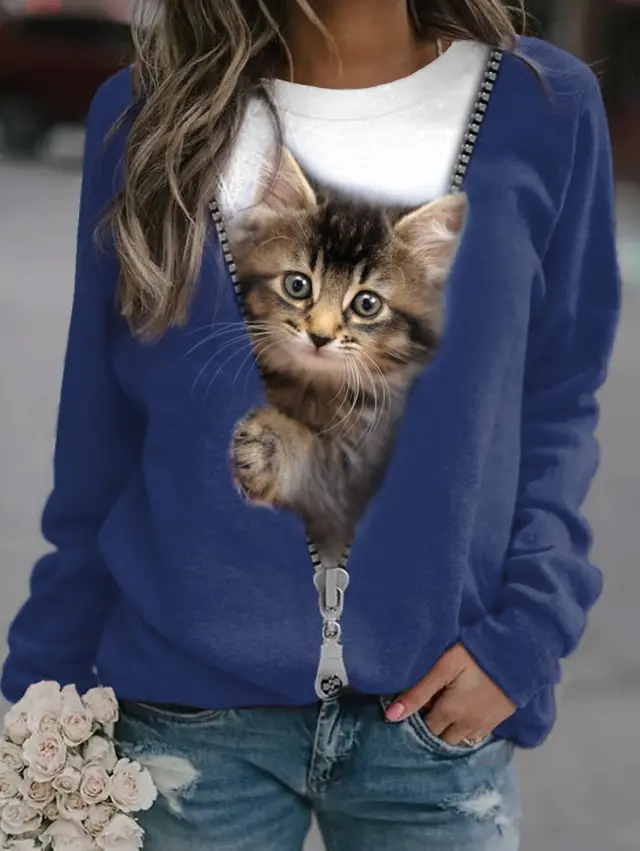 Women's Cat Basic Printed Round Neck Regular Pullover Picture Color 4 - Shop at LoveMi